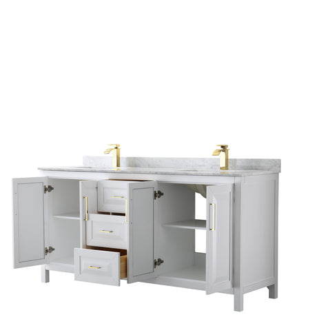 Daria 72 Inch Double Bathroom Vanity in White White Carrara Marble Countertop Undermount Square Sinks Brushed Gold Trim
