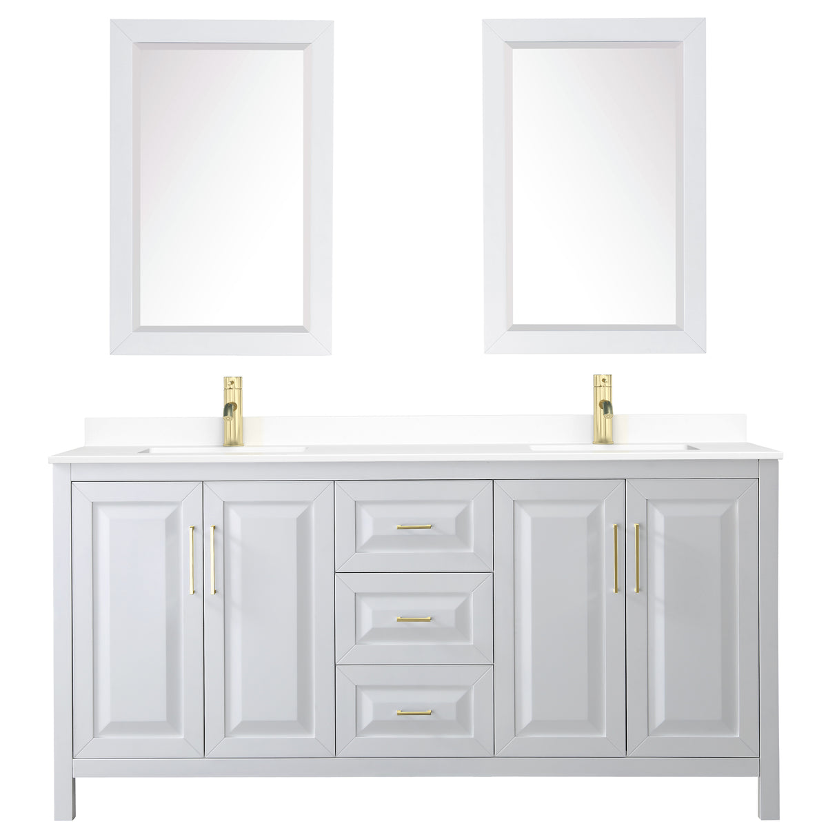 Daria 72 Inch Double Bathroom Vanity in White White Cultured Marble Countertop Undermount Square Sinks 24 Inch Mirrors Brushed Gold Trim