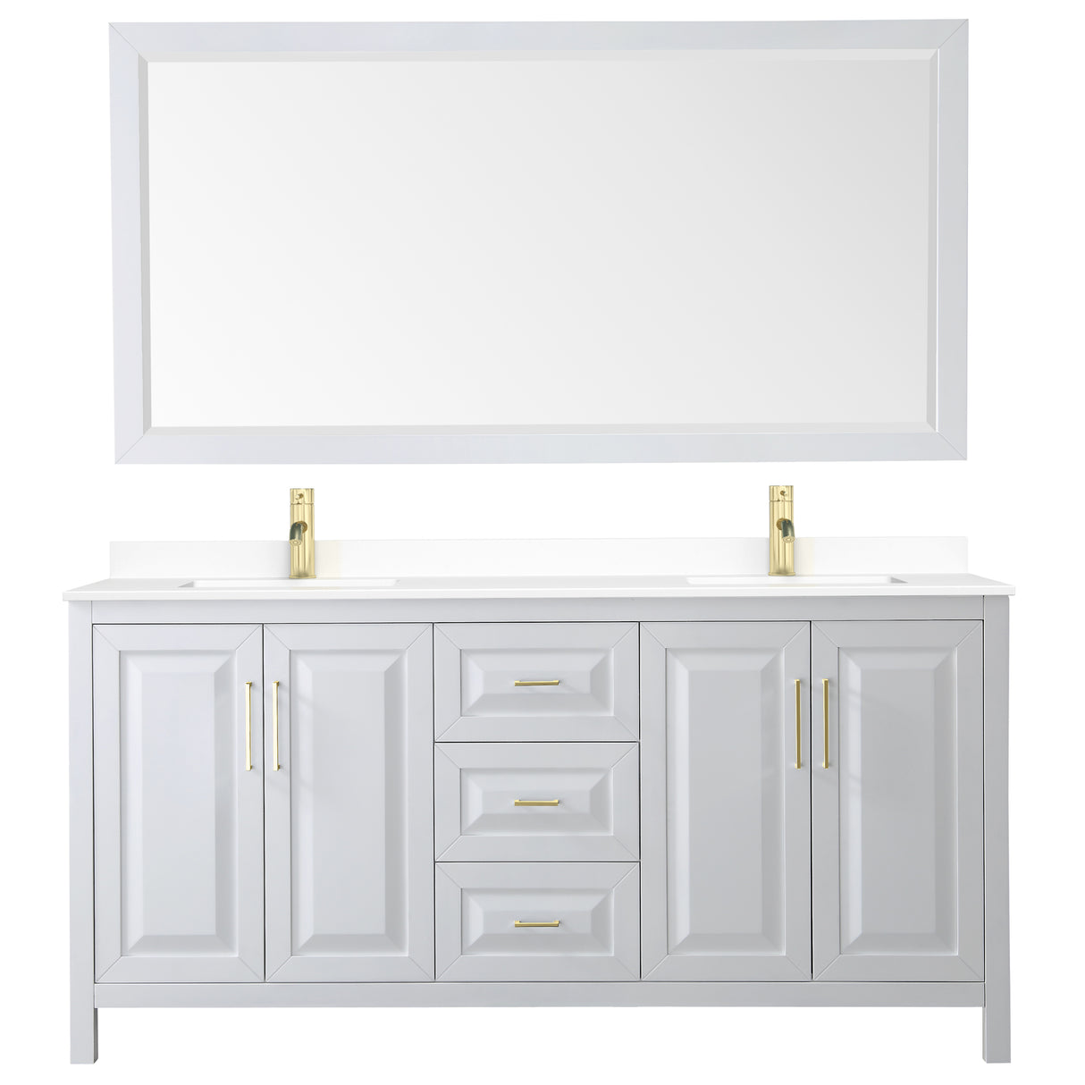 Daria 72 Inch Double Bathroom Vanity in White White Cultured Marble Countertop Undermount Square Sinks 70 Inch Mirror Brushed Gold Trim