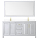 Daria 72 Inch Double Bathroom Vanity in White White Cultured Marble Countertop Undermount Square Sinks 70 Inch Mirror Brushed Gold Trim