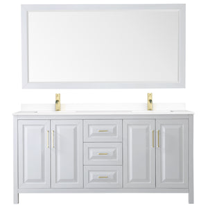 Daria 72 Inch Double Bathroom Vanity in White White Cultured Marble Countertop Undermount Square Sinks 70 Inch Mirror Brushed Gold Trim