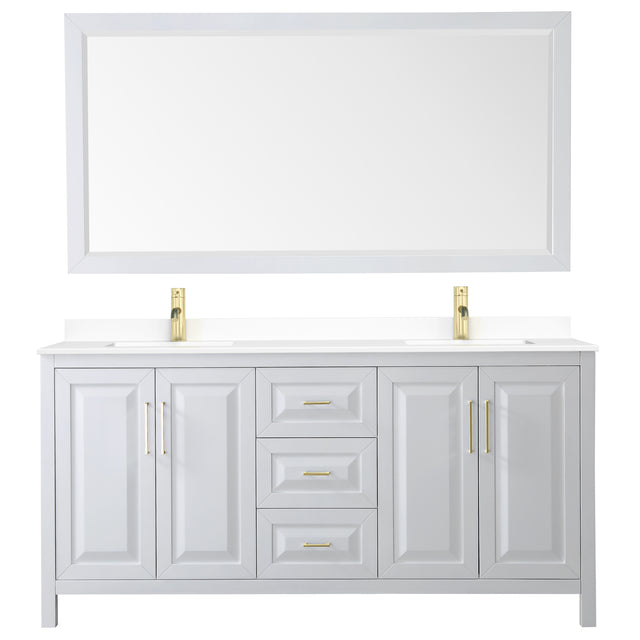 Daria 72 Inch Double Bathroom Vanity in White White Cultured Marble Countertop Undermount Square Sinks 70 Inch Mirror Brushed Gold Trim