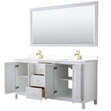 Daria 72 Inch Double Bathroom Vanity in White White Cultured Marble Countertop Undermount Square Sinks 70 Inch Mirror Brushed Gold Trim