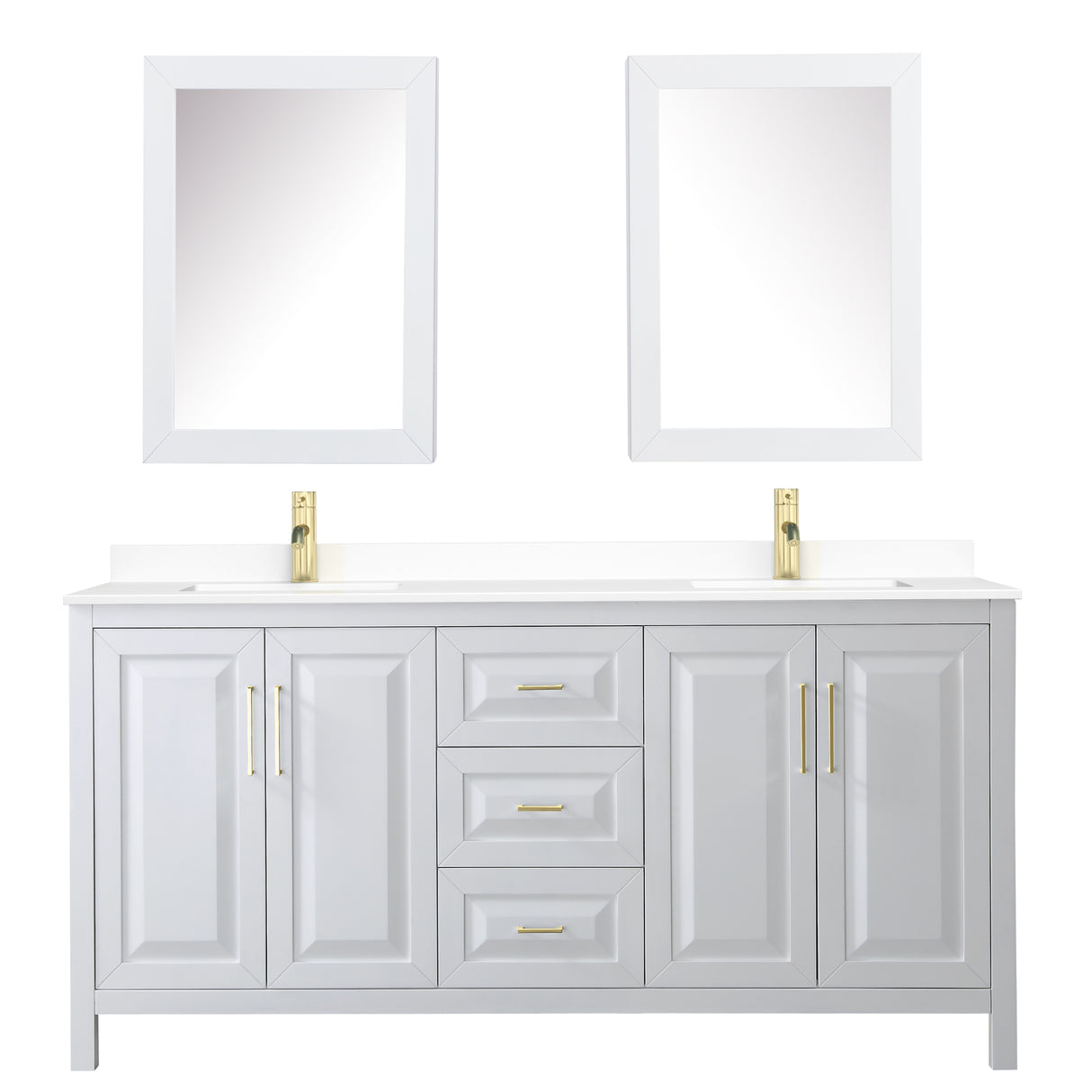 Daria 72 Inch Double Bathroom Vanity in White White Cultured Marble Countertop Undermount Square Sinks Medicine Cabinets Brushed Gold Trim