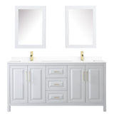 Daria 72 Inch Double Bathroom Vanity in White White Cultured Marble Countertop Undermount Square Sinks Medicine Cabinets Brushed Gold Trim