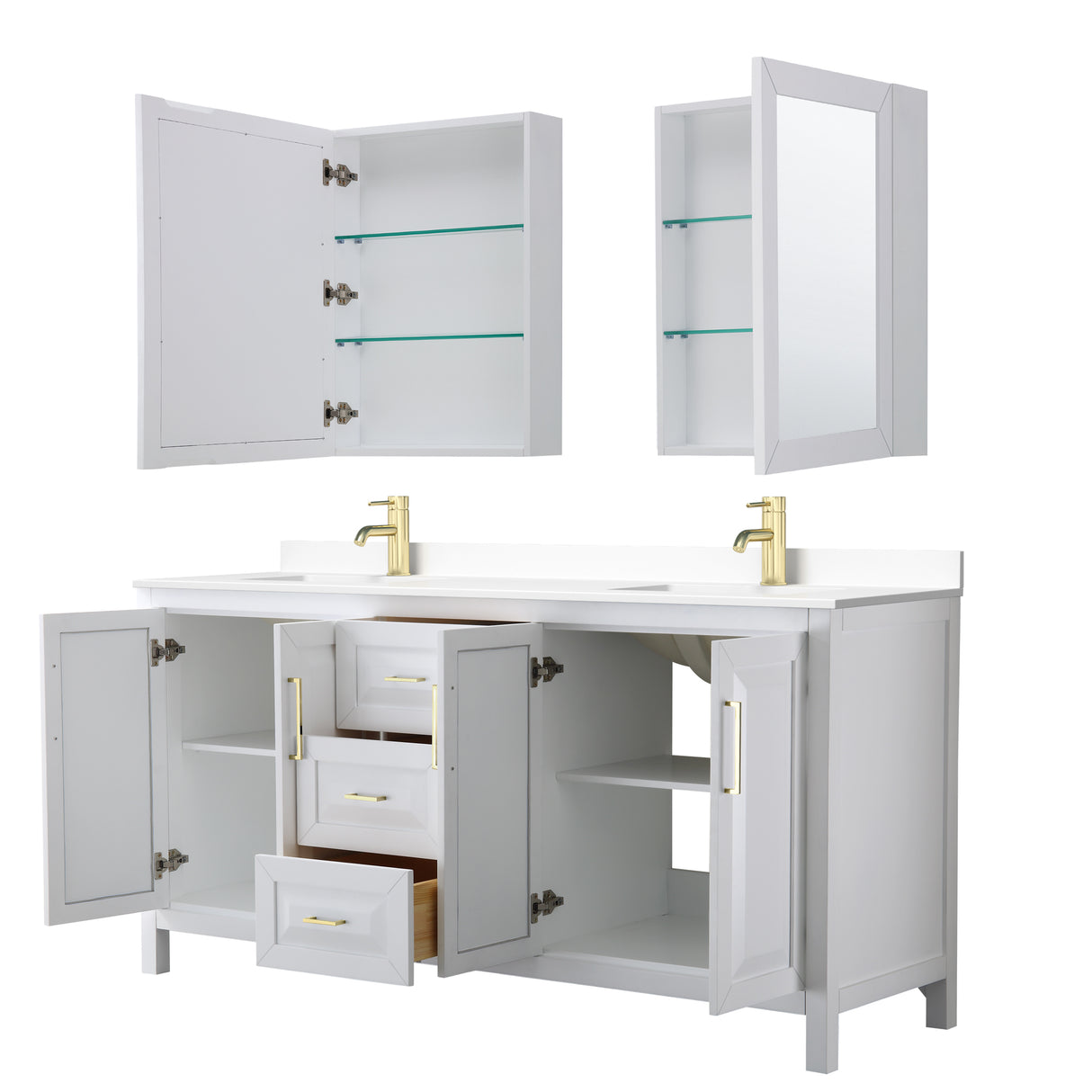 Daria 72 Inch Double Bathroom Vanity in White White Cultured Marble Countertop Undermount Square Sinks Medicine Cabinets Brushed Gold Trim