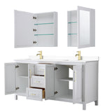 Daria 72 Inch Double Bathroom Vanity in White White Cultured Marble Countertop Undermount Square Sinks Medicine Cabinets Brushed Gold Trim