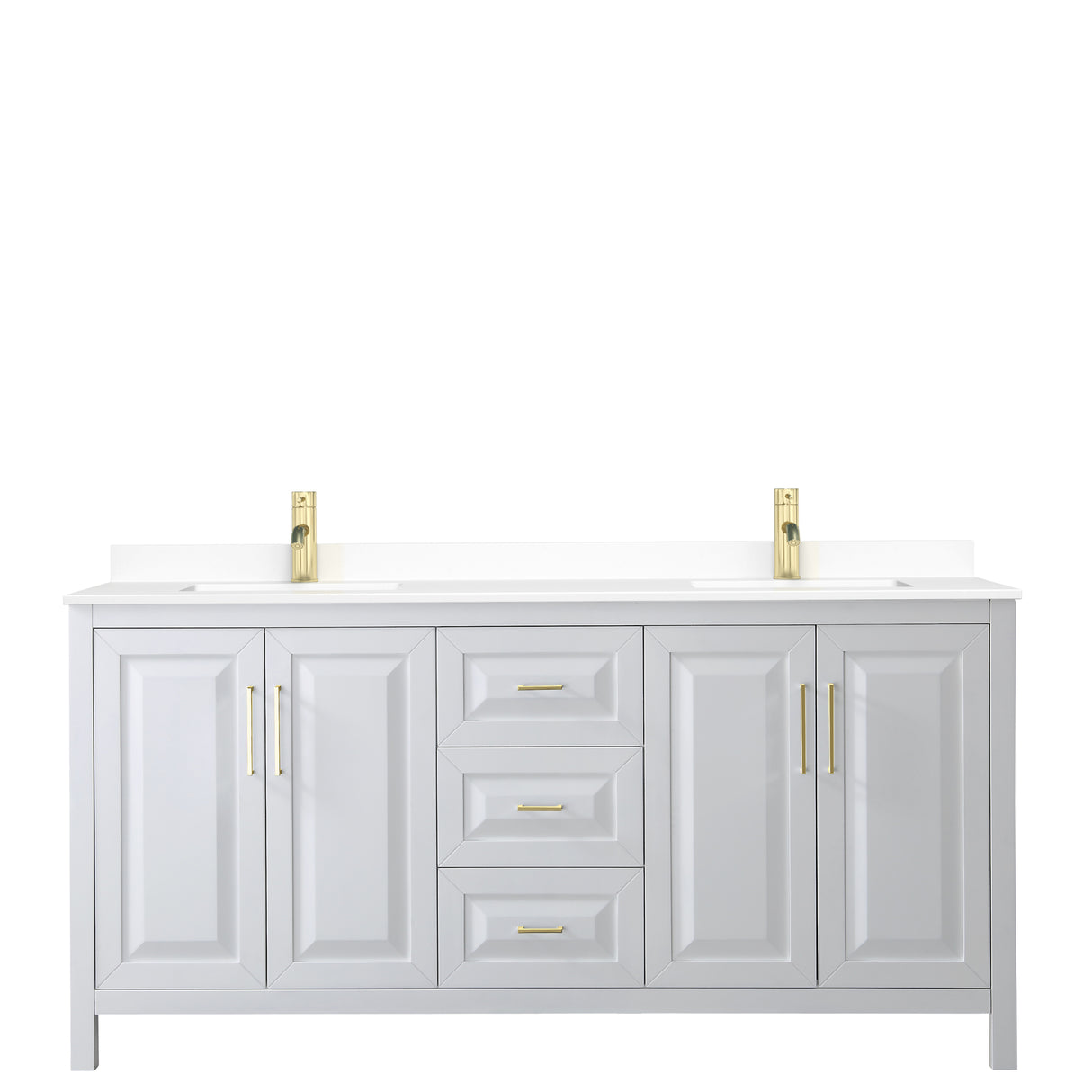 Daria 72 Inch Double Bathroom Vanity in White White Cultured Marble Countertop Undermount Square Sinks Brushed Gold Trim