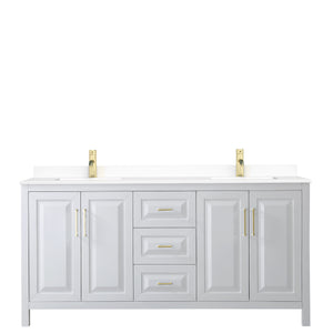 Daria 72 Inch Double Bathroom Vanity in White White Cultured Marble Countertop Undermount Square Sinks Brushed Gold Trim