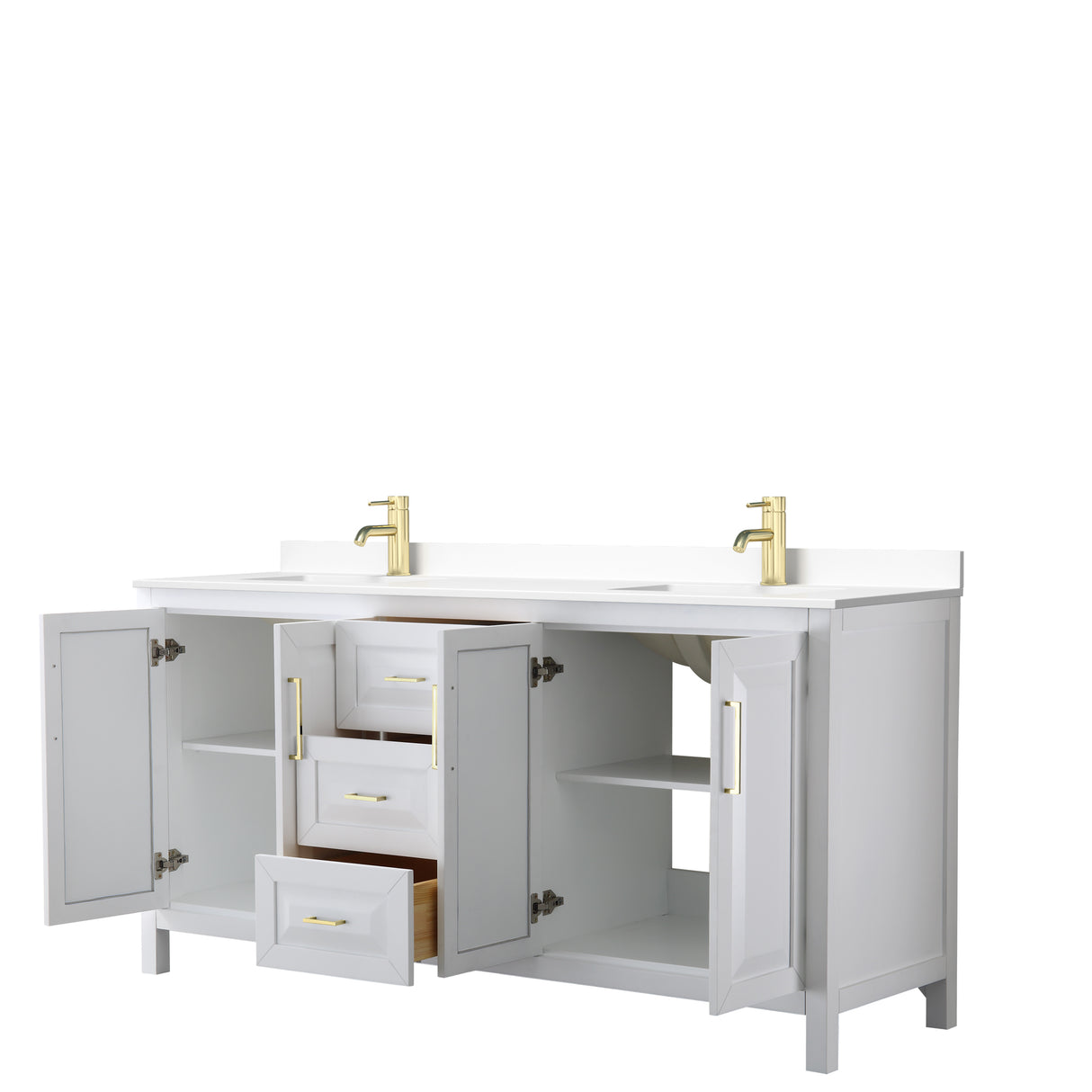 Daria 72 Inch Double Bathroom Vanity in White White Cultured Marble Countertop Undermount Square Sinks Brushed Gold Trim