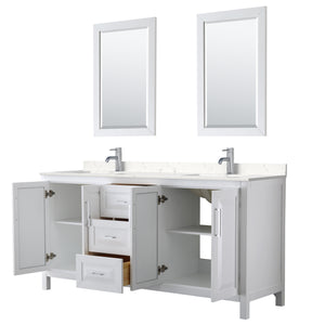 Daria 72 Inch Double Bathroom Vanity in White Carrara Cultured Marble Countertop Undermount Square Sinks 24 Inch Mirrors