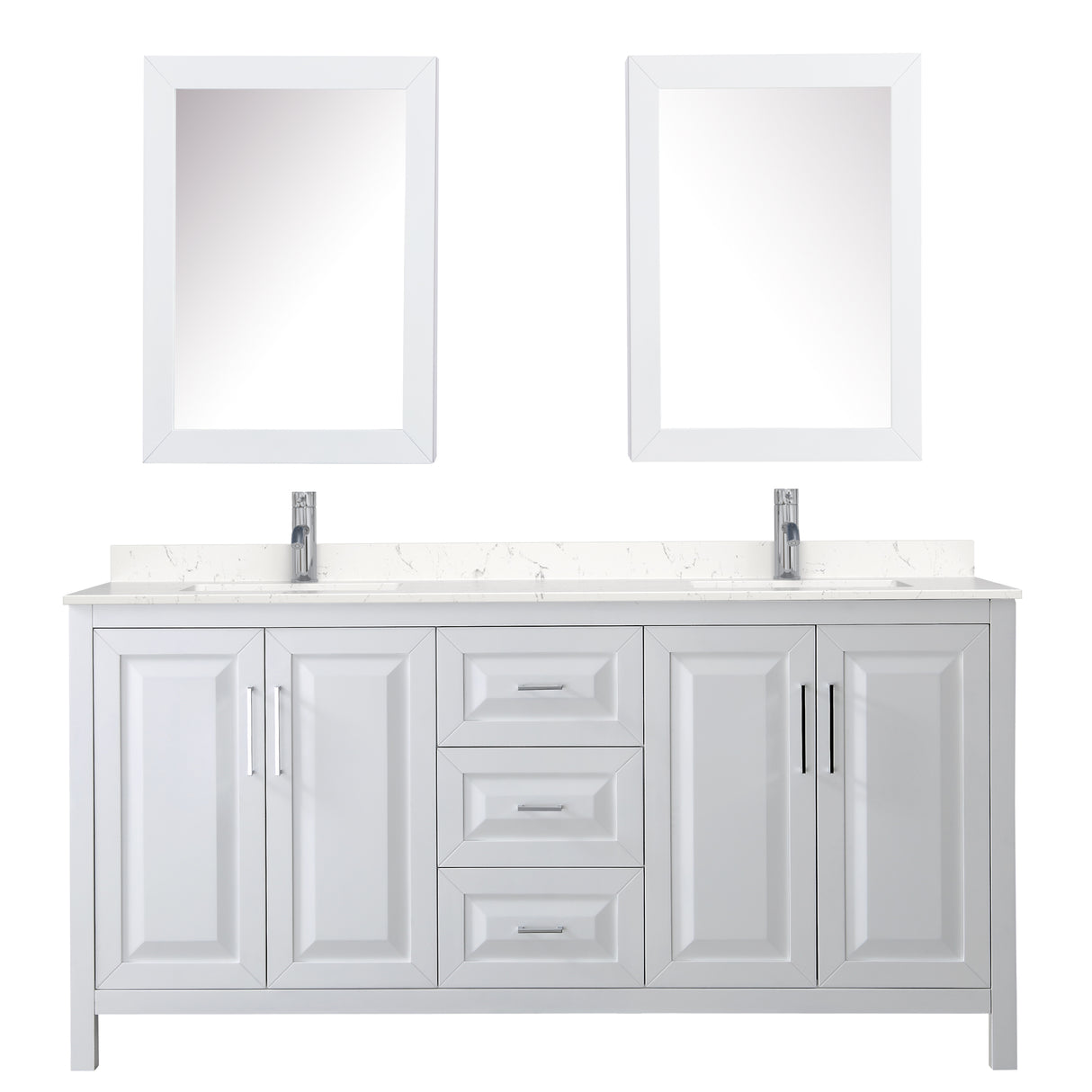 Daria 72 Inch Double Bathroom Vanity in White Carrara Cultured Marble Countertop Undermount Square Sinks Medicine Cabinets
