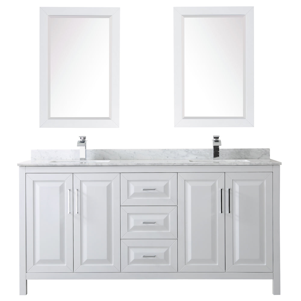 Daria 72 Inch Double Bathroom Vanity in White White Carrara Marble Countertop Undermount Square Sinks and 24 Inch Mirrors