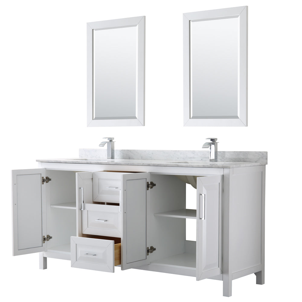 Daria 72 Inch Double Bathroom Vanity in White White Carrara Marble Countertop Undermount Square Sinks and 24 Inch Mirrors