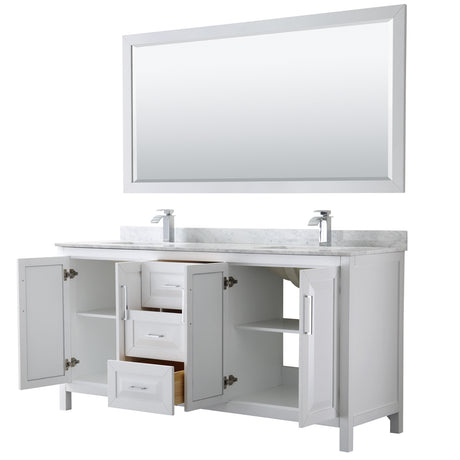 Daria 72 Inch Double Bathroom Vanity in White White Carrara Marble Countertop Undermount Square Sinks and 70 Inch Mirror