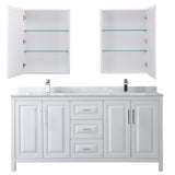 Daria 72 Inch Double Bathroom Vanity in White White Carrara Marble Countertop Undermount Square Sinks and Medicine Cabinets