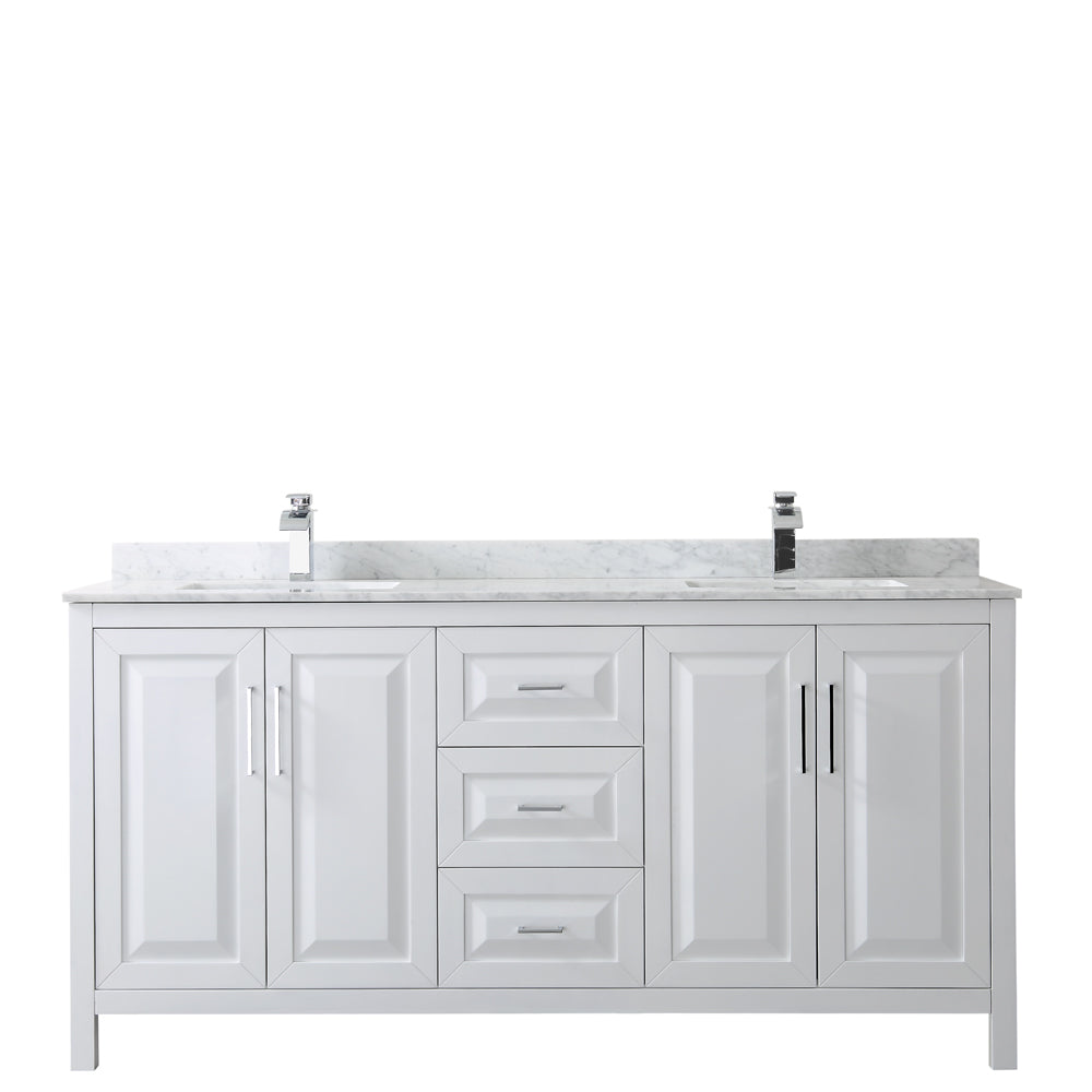 Daria 72 Inch Double Bathroom Vanity in White White Carrara Marble Countertop Undermount Square Sinks and No Mirror