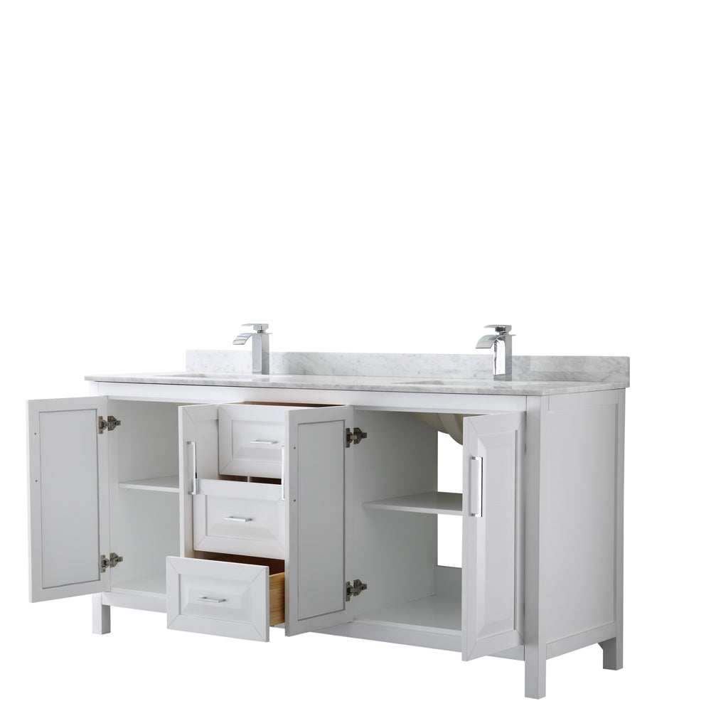 Daria 72 Inch Double Bathroom Vanity in White White Carrara Marble Countertop Undermount Square Sinks and No Mirror
