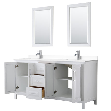 Daria 72 Inch Double Bathroom Vanity in White White Cultured Marble Countertop Undermount Square Sinks 24 Inch Mirrors