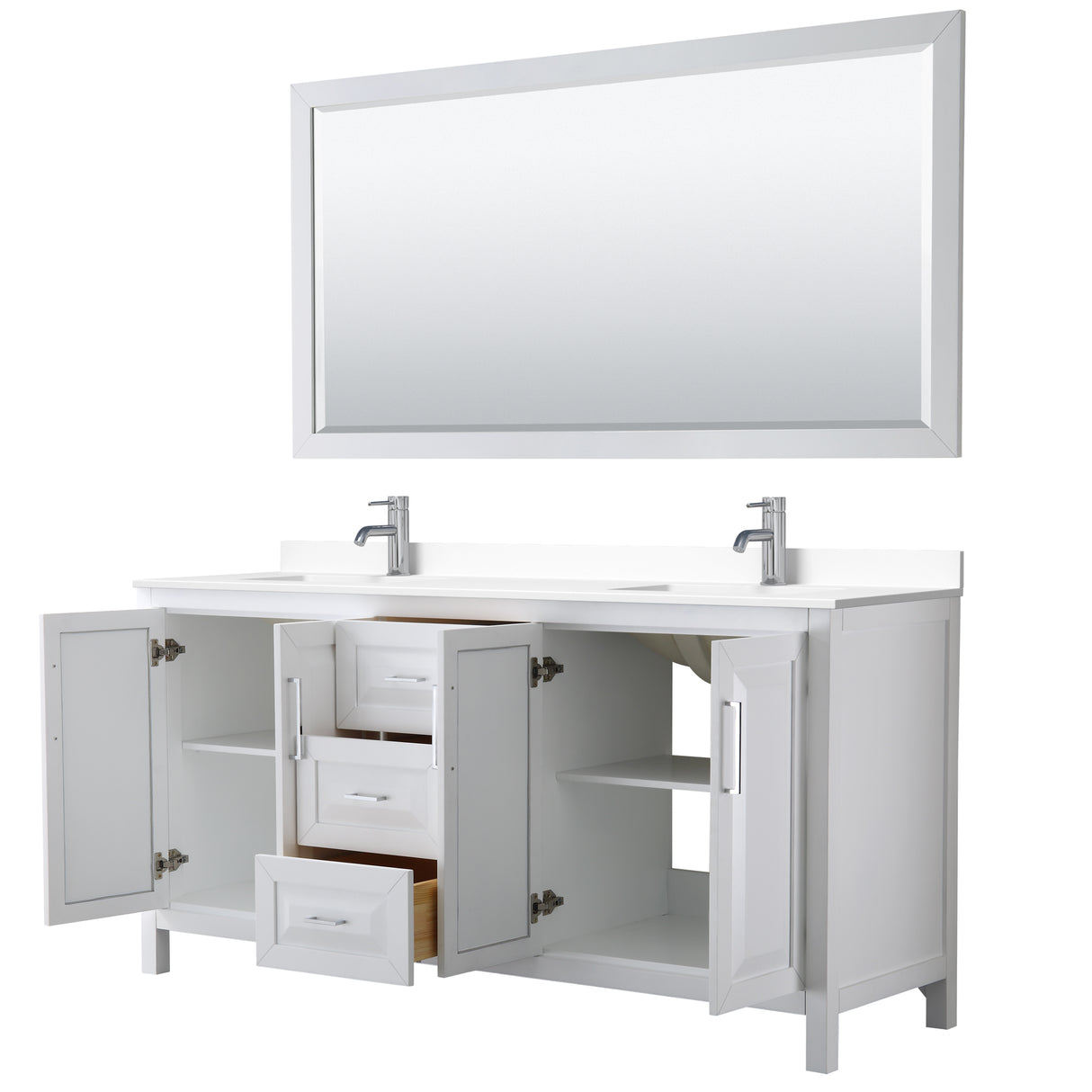 Daria 72 Inch Double Bathroom Vanity in White White Cultured Marble Countertop Undermount Square Sinks 70 Inch Mirror