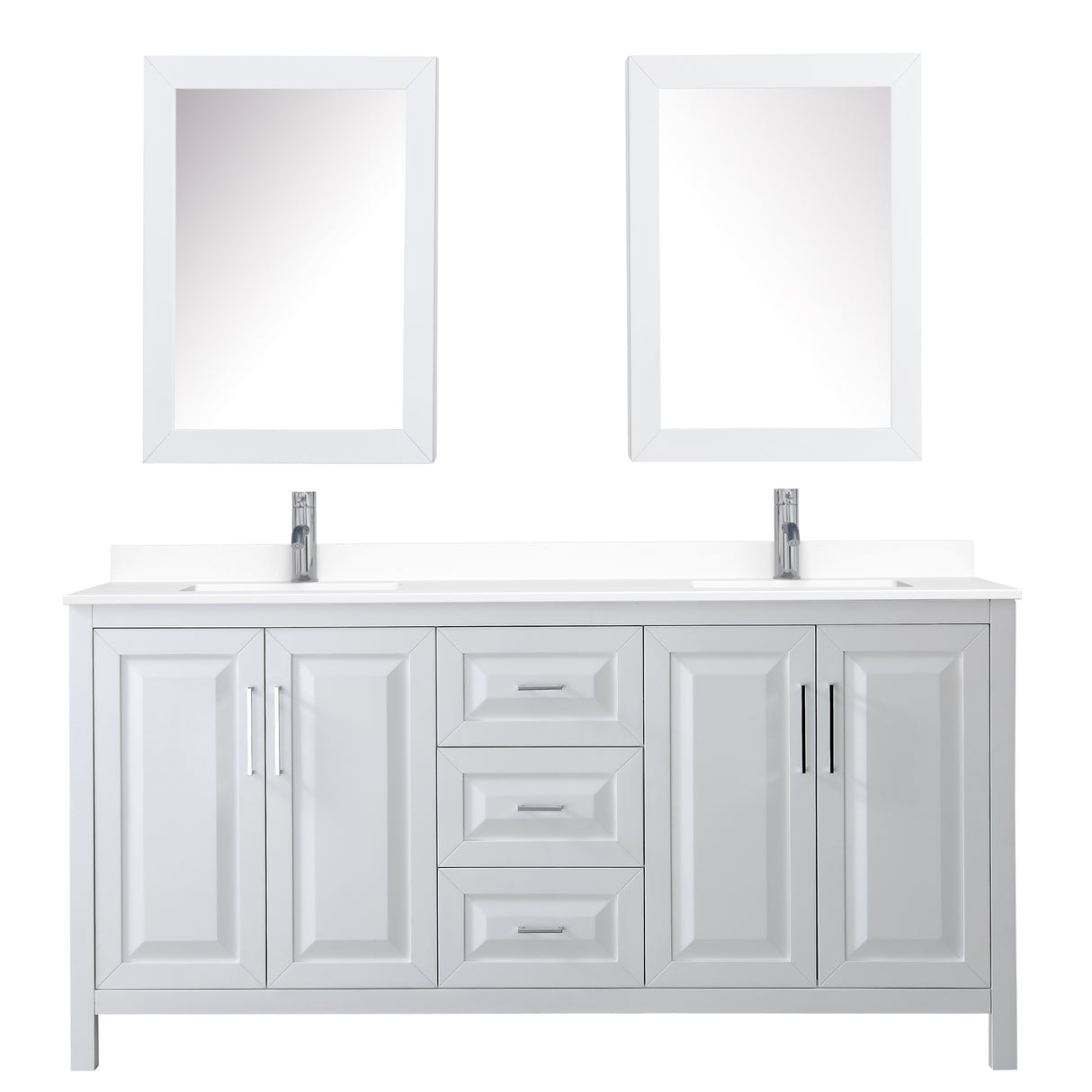 Daria 72 Inch Double Bathroom Vanity in White White Cultured Marble Countertop Undermount Square Sinks Medicine Cabinets