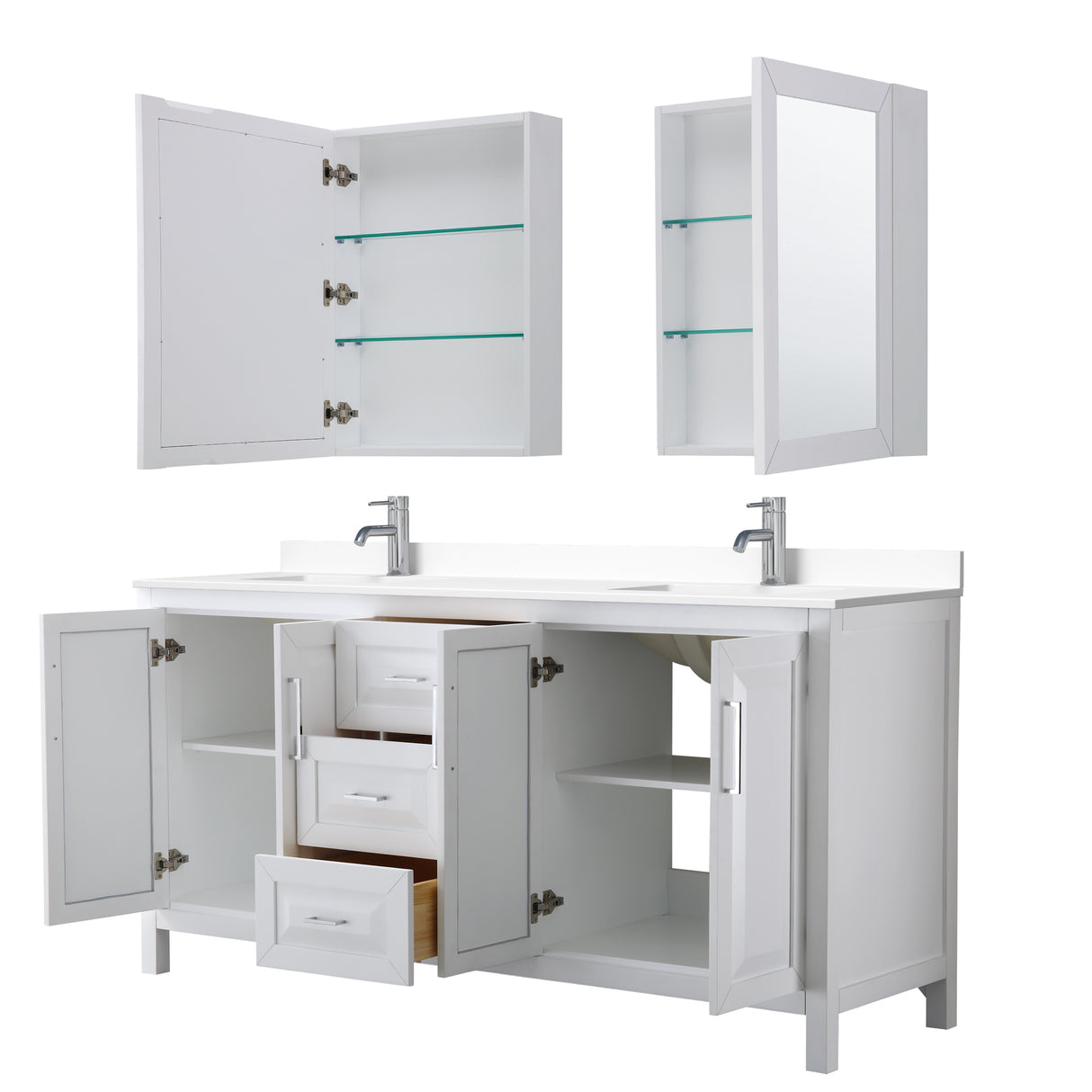 Daria 72 Inch Double Bathroom Vanity in White White Cultured Marble Countertop Undermount Square Sinks Medicine Cabinets