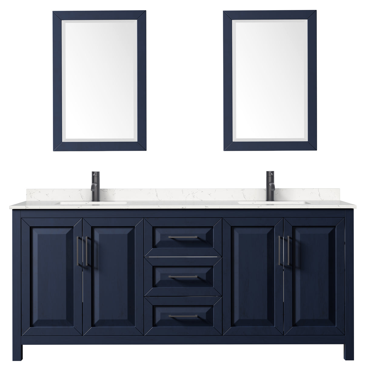 Daria 80 Inch Double Bathroom Vanity in Dark Blue Carrara Cultured Marble Countertop Undermount Square Sinks Matte Black Trim 24 Inch Mirrors