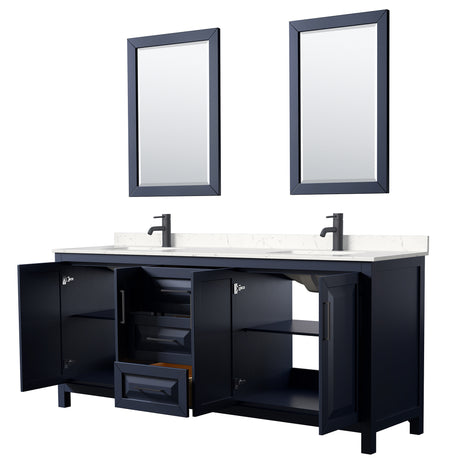 Daria 80 Inch Double Bathroom Vanity in Dark Blue Carrara Cultured Marble Countertop Undermount Square Sinks Matte Black Trim 24 Inch Mirrors