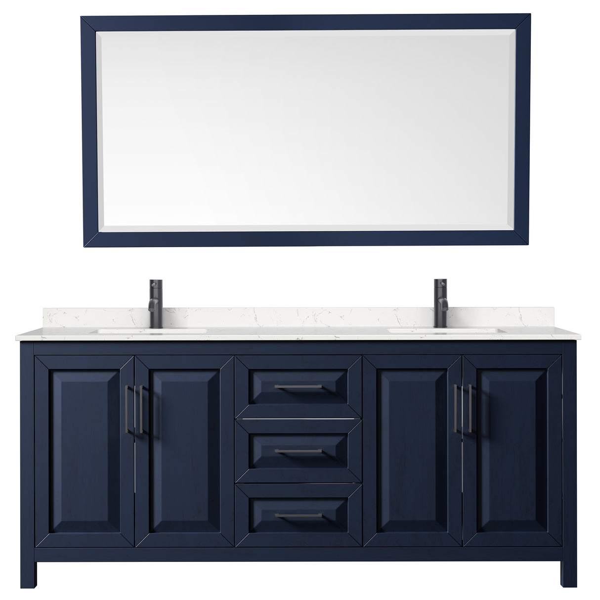 Daria 80 Inch Double Bathroom Vanity in Dark Blue Carrara Cultured Marble Countertop Undermount Square Sinks Matte Black Trim 70 Inch Mirror