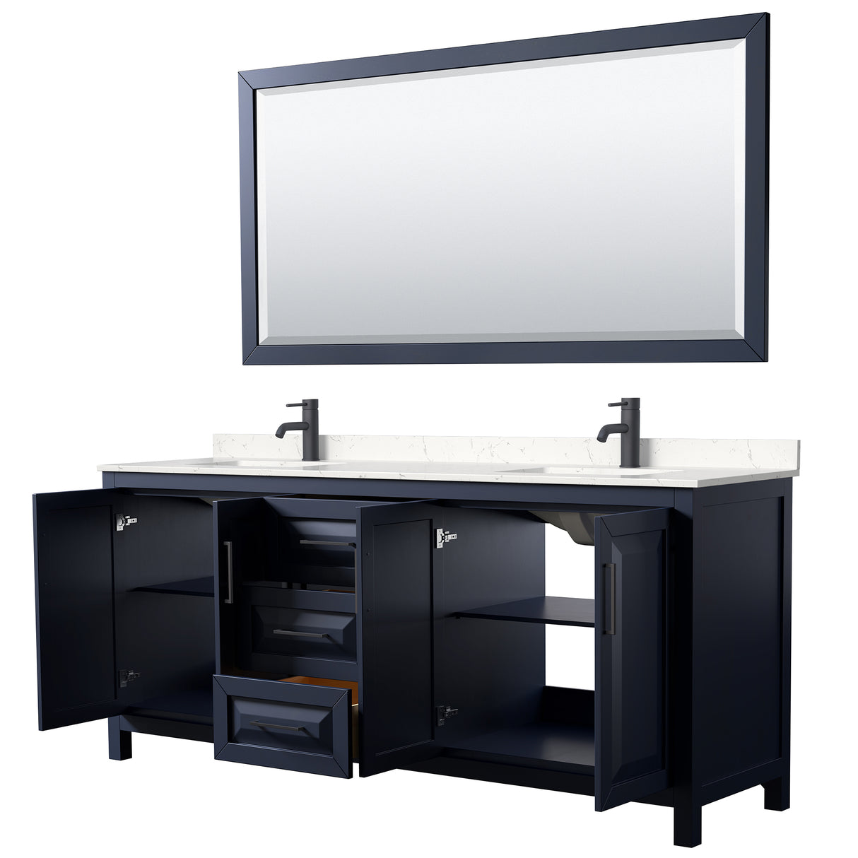 Daria 80 Inch Double Bathroom Vanity in Dark Blue Carrara Cultured Marble Countertop Undermount Square Sinks Matte Black Trim 70 Inch Mirror