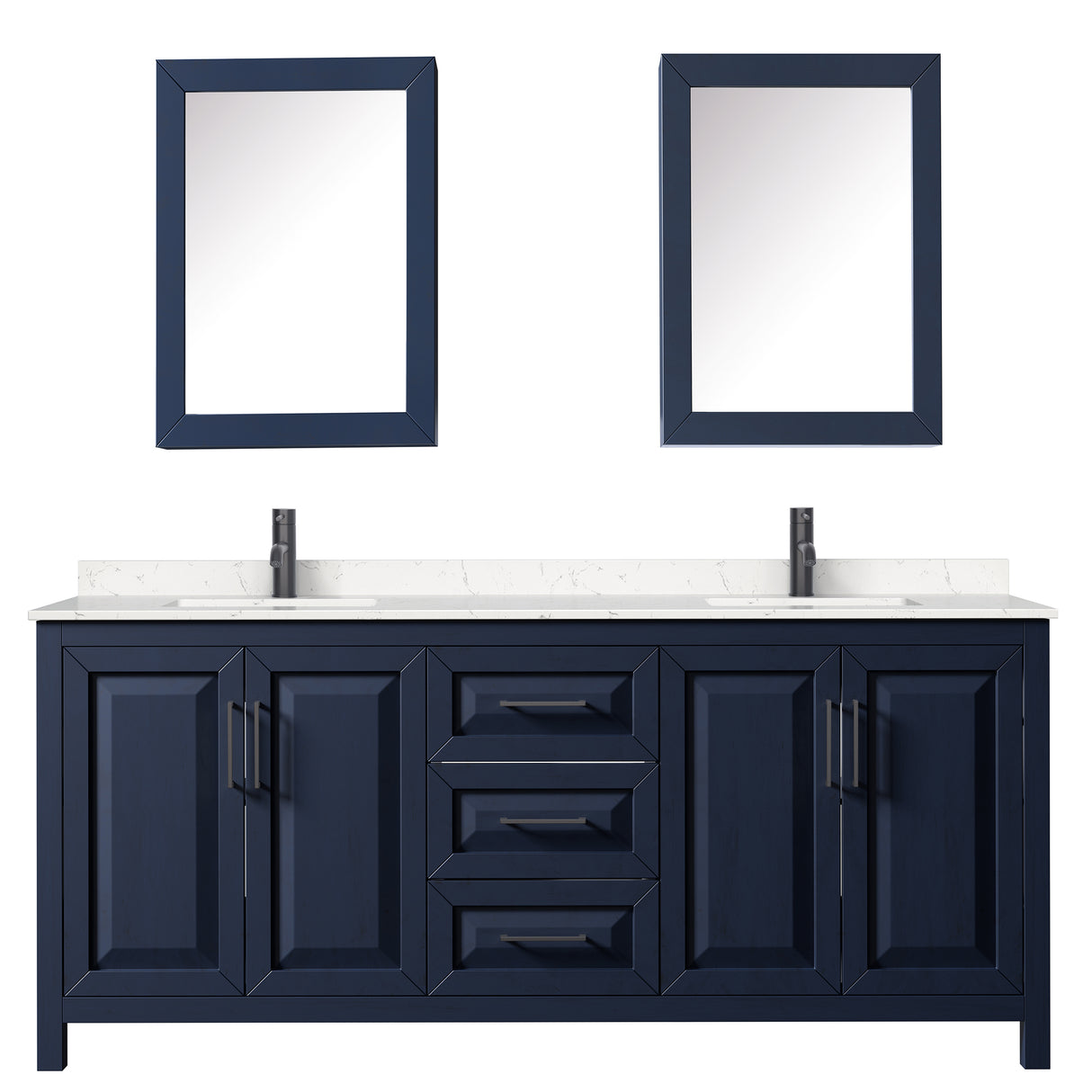 Daria 80 Inch Double Bathroom Vanity in Dark Blue Carrara Cultured Marble Countertop Undermount Square Sinks Matte Black Trim Medicine Cabinets