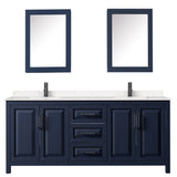 Daria 80 Inch Double Bathroom Vanity in Dark Blue Carrara Cultured Marble Countertop Undermount Square Sinks Matte Black Trim Medicine Cabinets