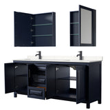 Daria 80 Inch Double Bathroom Vanity in Dark Blue Carrara Cultured Marble Countertop Undermount Square Sinks Matte Black Trim Medicine Cabinets