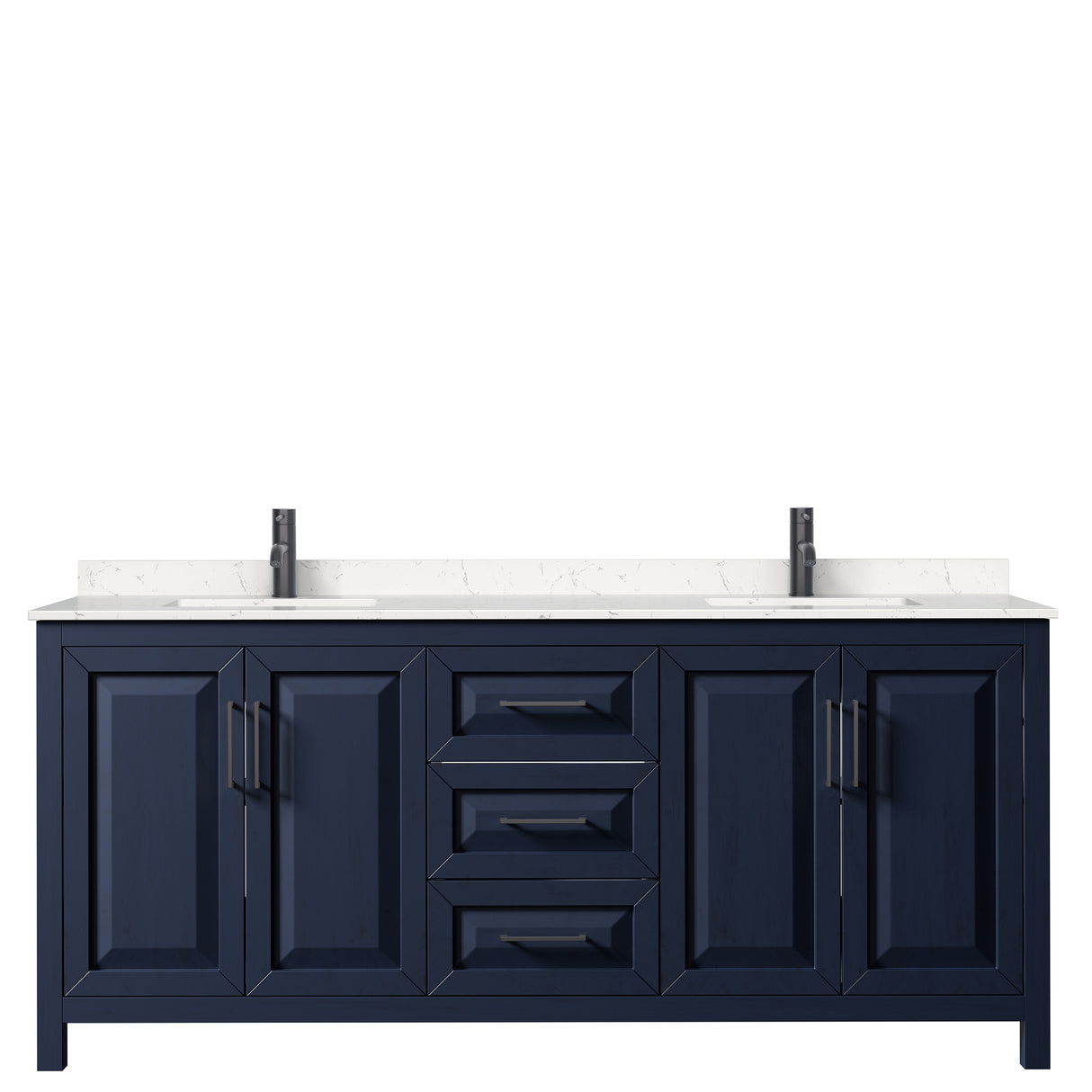 Daria 80 Inch Double Bathroom Vanity in Dark Blue Carrara Cultured Marble Countertop Undermount Square Sinks Matte Black Trim