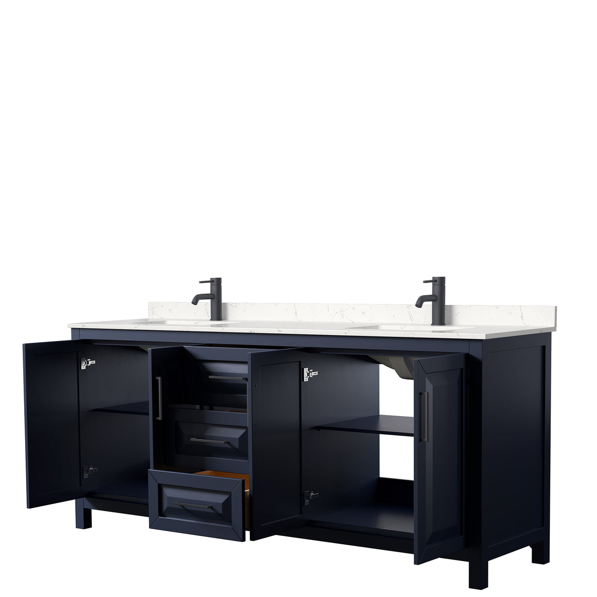 Daria 80 Inch Double Bathroom Vanity in Dark Blue Carrara Cultured Marble Countertop Undermount Square Sinks Matte Black Trim