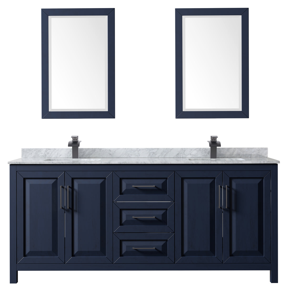Daria 80 Inch Double Bathroom Vanity in Dark Blue White Carrara Marble Countertop Undermount Square Sinks Matte Black Trim 24 Inch Mirrors