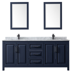 Daria 80 Inch Double Bathroom Vanity in Dark Blue White Carrara Marble Countertop Undermount Square Sinks Matte Black Trim 24 Inch Mirrors