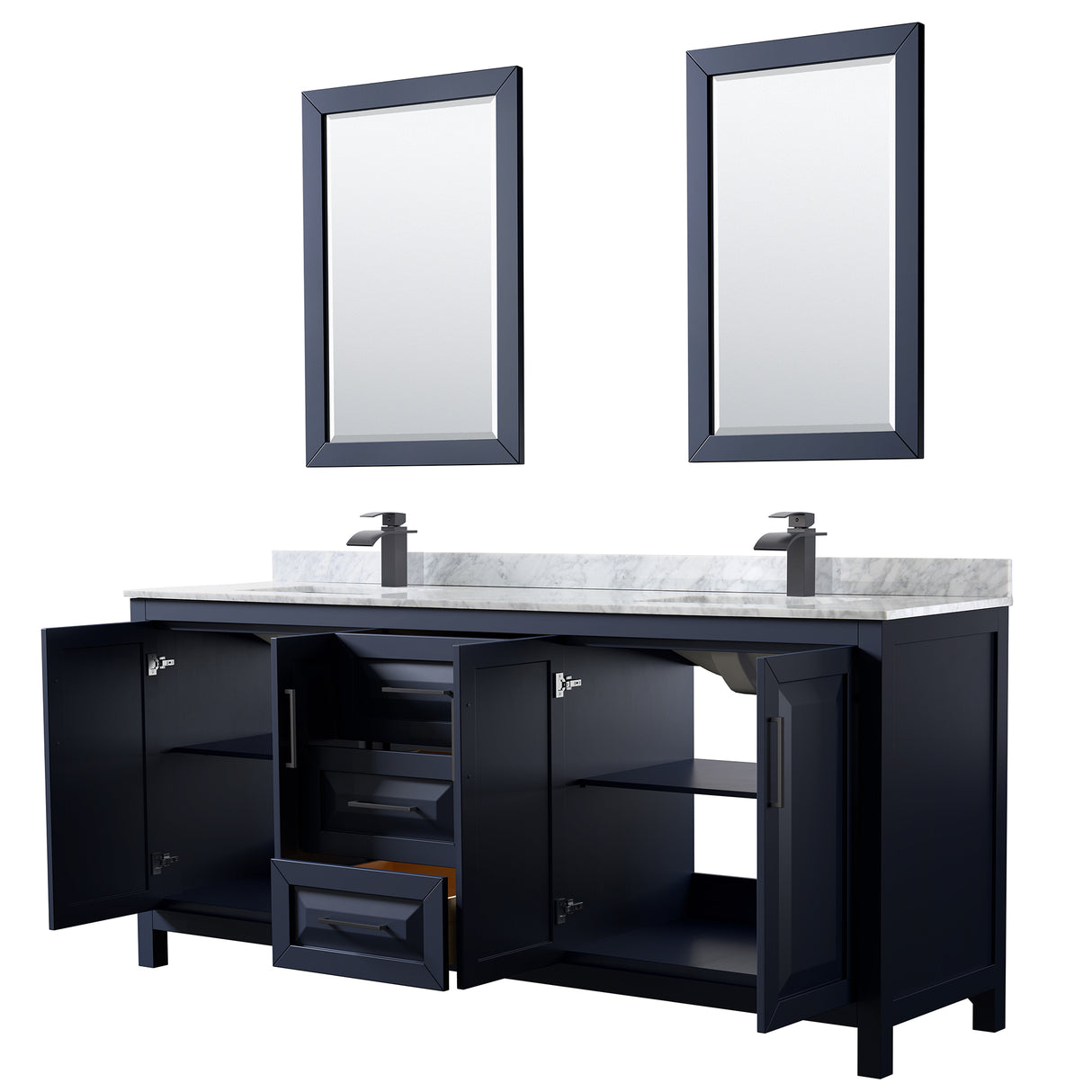 Daria 80 Inch Double Bathroom Vanity in Dark Blue White Carrara Marble Countertop Undermount Square Sinks Matte Black Trim 24 Inch Mirrors