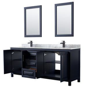 Daria 80 Inch Double Bathroom Vanity in Dark Blue White Carrara Marble Countertop Undermount Square Sinks Matte Black Trim 24 Inch Mirrors