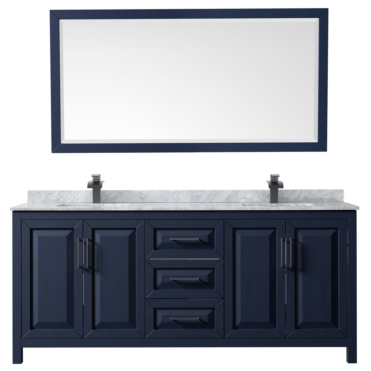 Daria 80 Inch Double Bathroom Vanity in Dark Blue White Carrara Marble Countertop Undermount Square Sinks Matte Black Trim 70 Inch Mirror