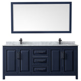 Daria 80 Inch Double Bathroom Vanity in Dark Blue White Carrara Marble Countertop Undermount Square Sinks Matte Black Trim 70 Inch Mirror