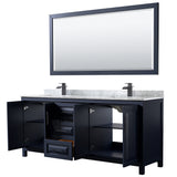 Daria 80 Inch Double Bathroom Vanity in Dark Blue White Carrara Marble Countertop Undermount Square Sinks Matte Black Trim 70 Inch Mirror