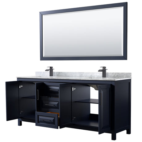 Daria 80 Inch Double Bathroom Vanity in Dark Blue White Carrara Marble Countertop Undermount Square Sinks Matte Black Trim 70 Inch Mirror