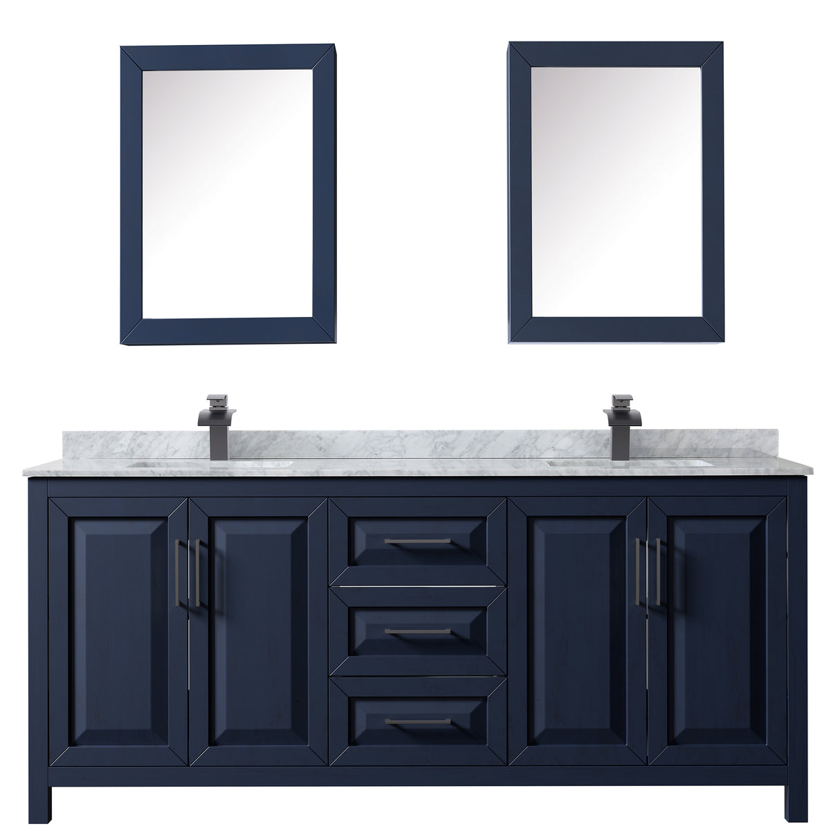 Daria 80 Inch Double Bathroom Vanity in Dark Blue White Carrara Marble Countertop Undermount Square Sinks Matte Black Trim Medicine Cabinets