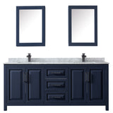 Daria 80 Inch Double Bathroom Vanity in Dark Blue White Carrara Marble Countertop Undermount Square Sinks Matte Black Trim Medicine Cabinets
