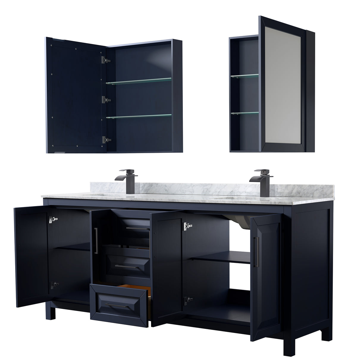 Daria 80 Inch Double Bathroom Vanity in Dark Blue White Carrara Marble Countertop Undermount Square Sinks Matte Black Trim Medicine Cabinets