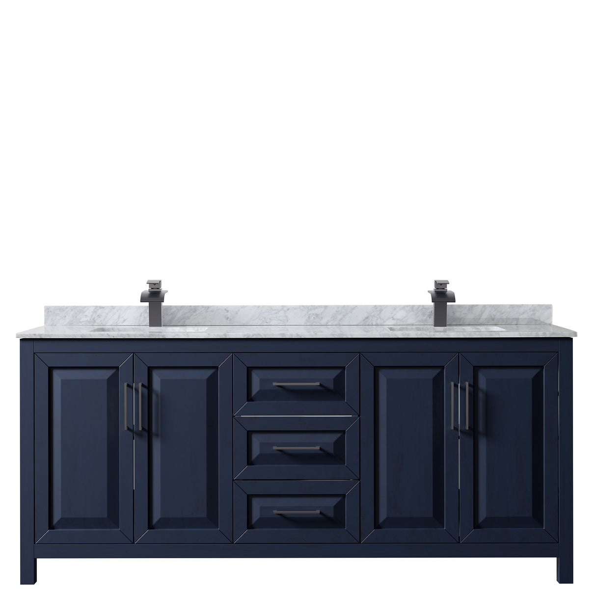 Daria 80 Inch Double Bathroom Vanity in Dark Blue White Carrara Marble Countertop Undermount Square Sinks Matte Black Trim
