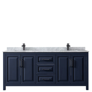 Daria 80 Inch Double Bathroom Vanity in Dark Blue White Carrara Marble Countertop Undermount Square Sinks Matte Black Trim