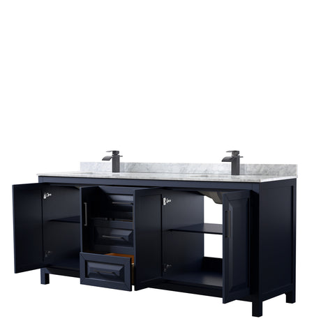Daria 80 Inch Double Bathroom Vanity in Dark Blue White Carrara Marble Countertop Undermount Square Sinks Matte Black Trim