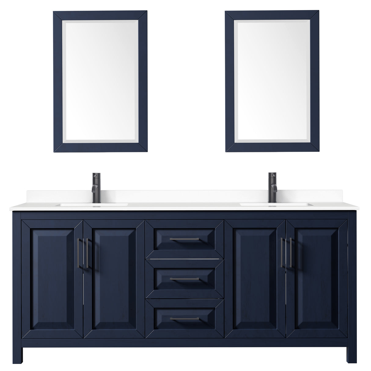 Daria 80 Inch Double Bathroom Vanity in Dark Blue White Cultured Marble Countertop Undermount Square Sinks Matte Black Trim 24 Inch Mirrors